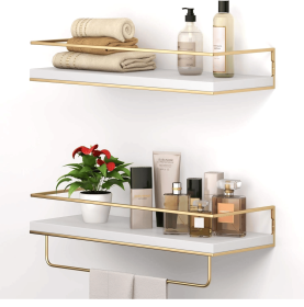 White Floating Shelves - Set of 2, Wall Mounted Hanging Shelves with Golden Towel Rack, Decorative Storage Shelves for Bathroom, Kitchen