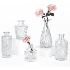 Glass Bud Vase Set of 5, Small Clear Flower Vases for Centerpieces in Bulk, Mini Vintage Vase for Wedding Decor, and Home Table Décor