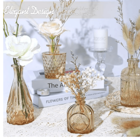 Glass Bud Vase Set of 5, Small Amber Flower Vases for Centerpieces in Bulk, Mini Vintage Vase for Wedding Decor, Single Flowers, and Home Table D