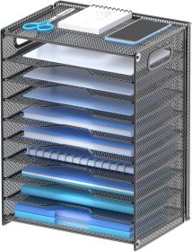 10 Tier Paper Organizer - Letter Tray Mesh Desk File Organizer with Handles for Office School Desktop, Black