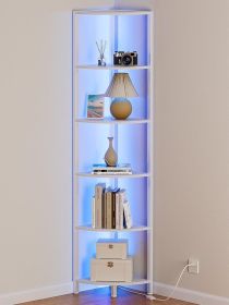 6 Tier Corner Shelf with LED Light, 67.5' Tall Standing Shelf Organizer, White