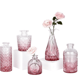 Pink Day Glass Bud Vase Set of 5, Small Flower Vases for Centerpieces in Bulk, Mini Vintage Vase for Wedding Decor, Single Flowers